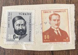 Mektup Zarfından Kesilmiş  / Postadan Geçmiş İkili Pul Filateli -  Damgalı -  ATATÜRK, 50 KURUŞ/ AHMET VEFİK PAŞA, 30 KURUŞ -  Türkiye Cumhuriyeti