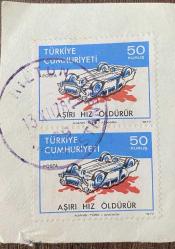 Mektup Zarfından Kesilmiş  / Postadan Geçmiş İkili Pul Filateli - İstanbul, 13 Aralık 1978 Damgalı - AŞIRI HIZ ÖLDÜRÜR, 50 KURUŞ - Türkiye Cumhuriyeti