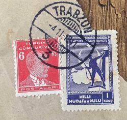 Mektup Zarfından Kesilmiş  / Postadan Geçmiş İkili Pul Filateli - Trabzon, 4 Kasım 1941Damgalı - ATATÜRK , 6 KURUŞ / MİLLİ MÜDAFAA PULU, 1 KURUŞ - Türkiye Cumhuriyeti