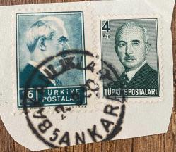 Mektup Zarfından Kesilmiş  / Postadan Geçmiş İkili Pul Filateli - Ankara, 2 Mart 1950 Damgalı - İSMET İNÖNÜ, 16 KURUŞ / İSMET İNÖNÜ, 4 KURUŞ - Türkiye Cumhuriyeti