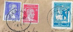 Mektup Zarfından Kesilmiş  / Postadan Geçmiş Üçlü Pul Filateli - Unkapanı, 24 Kasım 1942 Damgalı -ATATÜRK, 30 PARA / ATATÜRK , 6 KURUŞ / MİLLİ MÜDAFAA PULU, 2 KURUŞ - Türkiye Cumhuriyeti