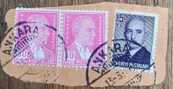 Mektup Zarfından Kesilmiş  / Postadan Geçmiş Üçlü Pul Filateli - Ankara, Damgalı - ATATÜRK, 30 KURUŞ / İSMET İNÖNÜ, 15 KURUŞ - Türkiye Cumhuriyeti