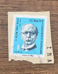 Mektup Zarfından Kesilmiş  / Postadan Geçmiş Pul Filateli - Damgalı - DR. BESİM ÖMER AKALIN ( 1862 - 1940 ), 5 KURUŞ - Türkiye Cumhuriyeti