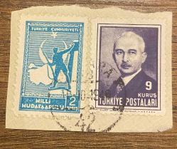 Mektup Zarfından Kesilmiş  / Postadan Geçmiş İkili Pul Filateli - Ankara, 16 Ekim 1946 Damgalı - İSMET İNÖNÜ, 9 KURUŞ / MİLLİ MÜDAFAA PULU, 2 KURUŞ- Türkiye Cumhuriyeti