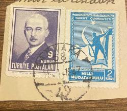 Mektup Zarfından Kesilmiş  / Postadan Geçmiş İkili Pul Filateli - Ankara, 1947 Damgalı - İSMET İNÖNÜ, 9 KURUŞ / MİLLİ MÜDAFAA PULU, 2 KURUŞ- Türkiye Cumhuriyeti