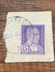 Mektup Zarfından Kesilmiş  / Postadan Geçmiş Pul Filateli - 20 Mart 1951 Damgalı - ATATÜRK, 15 KURUŞ - Türkiye Cumhuriyeti