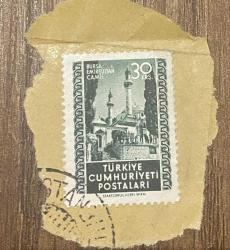 Mektup Zarfından Kesilmiş  / Postadan Geçmiş Pul Filateli - İstanbul, Damgalı - BURSA EMİRSULTAN CAMİİ, 30 KURUŞ - Türkiye Cumhuriyeti