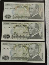 7.EMİSYON 10 LİRA 3. TERTİP 3 ADET B C SERİSİ ÇÇT