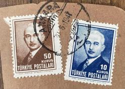 Mektup Zarfından Kesilmiş  / Postadan Geçmiş İkili Pul Filateli - Ankara, 20 Haziran 1947 Damgalı - İSMET İNÖNÜ, 50 KURUŞ / ATATÜRK, 10 KURUŞ - Türkiye Cumhuriyeti