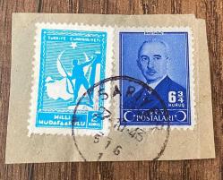 Mektup Zarfından Kesilmiş  / Postadan Geçmiş İkili Pul Filateli - Sarıyer, 13 Ekim 1943 Damgalı - İSMET İNÖNÜ, 6 3/4  KURUŞ / MİLLİ MÜDAFAA PULU, 2 KURUŞ - Türkiye Cumhuriyeti