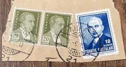 Mektup Zarfından Kesilmiş  / Postadan Geçmiş Üçlü Pul Filateli - Ankara Damgalı - ATATÜRK, 20 KURUŞ / İSMET İNÖNÜ, 10 KURUŞ - Türkiye Cumhuriyeti