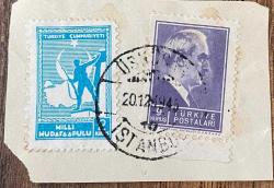 Mektup Zarfından Kesilmiş  / Postadan Geçmiş İkili Pul Filateli - İstanbul, 20 Aralık 1945 Damgalı - İSMET İNÖNÜ, 9 KURUŞ / MİLLİ MÜDAFAA PULU, 2 KURUŞ - Türkiye Cumhuriyeti