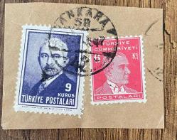 Mektup Zarfından Kesilmiş  / Postadan Geçmiş İkili Pul Filateli - Ankara,  1947 Damgalı - İSMET İNÖNÜ, 9 KURUŞ / ATATÜRK, 6 KURUŞ - Türkiye Cumhuriyeti