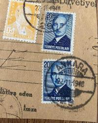 Mektup Zarfından Kesilmiş  / Postadan Geçmiş Üçlü Pul Filateli - Ankara, 22 Kasım 1948 Damgalı - ATATÜRK, 15 KURUŞ / İSMET İNÖNÜ, 20 KURUŞ - Türkiye Cumhuriyeti