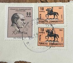 Mektup Zarfından Kesilmiş  / Postadan Geçmiş Üçlü Pul Filateli - Damgalı - ATATÜRK, 90 KURUŞ / ATLI ATATÜRK İZMİR, 10 KURUŞ - Türkiye Cumhuriyeti