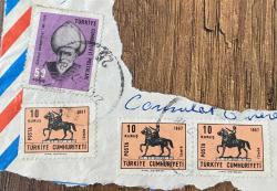 Mektup Zarfından Kesilmiş  / Postadan Geçmiş Dörtlü Pul Filateli - 27 Aralık 1967 Damgalı - SOKULLU MEHMET PAŞA (1506-1579 ) , 50 KURUŞ / ATLI ATATÜRK İZMİR, 10 KURUŞ - Türkiye Cumhuriyeti