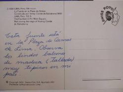 ŞEHİR KARTPOSTALI-PERU/LIMA TARİHİ ÇEŞME VE ETRAFINDAKİ ÇOCUKLARIN GÜNDÜZ GÖRÜNTÜSÜ,ARKASINA YAZILMIŞ,RENKLİ, 11 X 15 CM EBADINDA - 1950'LER, 1960'LAR, 1970'LER, 1980'LER