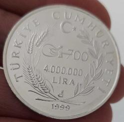 1999 OSMANLI İMPARATORLUĞUNUN KURULUŞUNUN 700.YILI FATİH SULTAN MEHMET GÜMÜŞ 4.000.000 LİRA HATIRA PARASI ORİJİNAL 0969 SERTİFİKALI NOLU ÇİL ÇOK NADİR