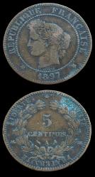 Fransa 5 Centimes 1897 Orjinal Madeni Para - T+