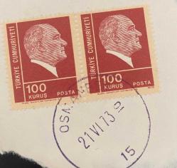 Mektup Zarfından Kesilmiş  / Postadan Geçmiş İkili Pul Filateli - Osmanbey, 21 Haziran 1973 Damgalı - ATATÜRK, 100 KURUŞ - Türkiye Cumhuriyeti