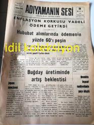 ADIYAMANIN SESİ GAZETESİ  YEREL TAŞRA BASINI --29 Mayıs 1986  Yıl :1 Sayı :173---Enflasyon  korkusu vadeli ödeme getirdi  hububat alımlarında  ödemenin yüzde 60 'ı peşin --Buğday üretiminde artış beklentisi--Demirin inşaat maliyetinde payı düştü --Japonya da erken seçime gidiliyor --Emisyon yeniden 1.5 trilyon lirayı  aştı --
