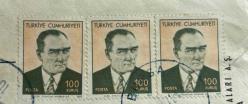 Mektup Zarfından Kesilmiş  / Postadan Geçmiş Üçlü Pul Filateli - Bursa, Temmuz 1972 Damgalı - ATATÜRK, 100 KURUŞ  - Türkiye Cumhuriyeti