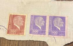 Mektup Zarfından Kesilmiş  / Postadan Geçmiş Üçlü Pul Filateli - Damgalı - ATATÜRK , 100 KURUŞ / ATATÜRK, 500 KURUŞ - Türkiye Cumhuriyeti