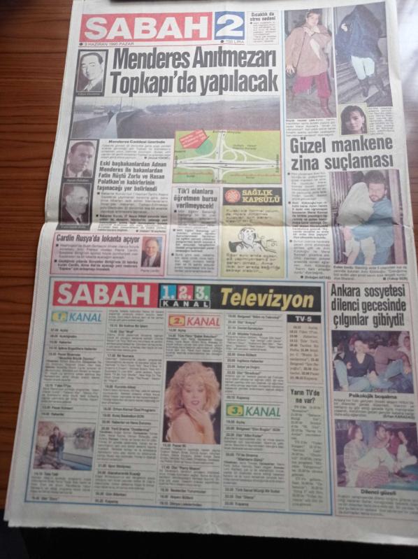 Sabah Gazetesi 3 Haziran 1990 Adnan Menderes Anıtmezarı  