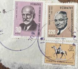 Mektup Zarfından Kesilmiş  / Postadan Geçmiş Üçlü Pul Filateli - Damgalı - KAMİL AKDİK, 30 KURUŞ / YAHYA KEMAL BEYATLI, 220 KURUŞ / ATLI ATATÜRK ANKARA, 25 KURUŞ - Türkiye Cumhuriyeti