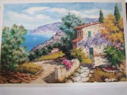 SANAT KARTPOSTALI-DENİZ DAĞ VE ESKİ EV RESMİ,ARKASINA YAZILMAMIŞ,RENKLİ