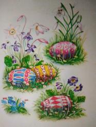 SANAT KARTPOSTALI-SÜSLERİN ARASINDAKİ RENGARENK PASKALYA YUMURTALARI RESMİ,ARKASINA YAZILMAMIŞ,RENKLİ