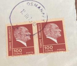 Mektup Zarfından Kesilmiş  / Postadan Geçmiş İkili Pul Filateli - Osmanbey Damgalı - ATATÜRK, 100 KURUŞ - Türkiye Cumhuriyeti