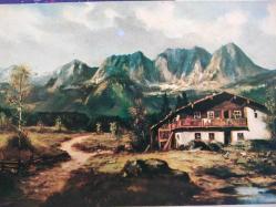 SANAT KARTPOSTALI-KARLI DAĞLAR VE DOĞA İÇİNDEKİ ESKİ EV RESMİ,ARKASINA YAZILMIŞ,RENKLİ,11 X 15 CM EBADINDA