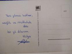 SANAT KARTPOSTALI-ÜSTÜNDE ''YENİ YILINIZ KUTLU OLSUN'' YAZAN KIRMIZI GÜLLER RESMİ,ARKASINA YAZILMIŞ,RENKLİ,11 X 15 CM EBADINDA