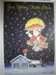 SANAT KARTPOSTALI-ÜSTÜNDE ''YENİ YILINIZ KUTLU OLSUN'' YAZAN PARAŞÜTLE İNEN NOEL BABA RESMİ,ARKASINA YAZILMAMIŞ,RENKLİ,12 X 17 CM EBADINDA