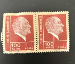 Mektup Zarfından Kesilmiş  / Postadan Geçmiş İkili Pul Filateli - Bursa Damgalı - ATATÜRK, 100 KURUŞ - Türkiye Cumhuriyeti