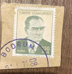Mektup Zarfından Kesilmiş  / Postadan Geçmiş Pul Filateli - Bodrum Damgalı - ATATÜRK, 100 KURUŞ - Türkiye Cumhuriyeti