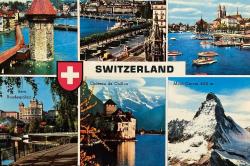 ŞEHİR KARTPOSTALI-İSVİÇRE/LUCERNE ŞAPEL KÖPRÜSÜ GENÈVE ZÜRİH BERN FEDERAL SARAYI CHILLON KALESİ CERVİN DAĞI GÜNDÜZ GÖRÜNTÜSÜ,ARKASINA YAZILMAMIŞ,RENKLİ, 11 X 15 CM EBADINDA - 1950'LER, 1960'LAR, 1970'LER, 1980'LER