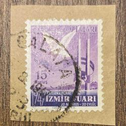 Mektup Zarfından Kesilmiş  / Postadan Geçmiş Pul Filateli - Ağustos 1947,Galata Damgalı - 1947 ENTERNASYONEL İZMİR FUARI 20 AĞUSTOS - 20 EYLÜL , 15 KURUŞ - Türkiye Cumhuriyeti