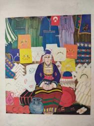 SANAT KARTPOSTALI-GÜLSÜN KARAMUSTAFA TARAFINDAN ÇİZİLMİŞ GELENEKSEL TÜRK KADINI RESMİ,KAPAKLI,İÇ KISMINA YAZILMAMIŞ,RENKLİ, 12 X 17 CM EBADINDA