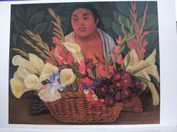 SANAT KARTPOSTALI-DIEGO RIVERA'NIN ÇİZMİŞ OLDUĞU RENGARENK ÇİÇEKLERİN YANINDAKİ KADIN RESMİ,KAPAKLI,İÇ KISMINA YAZILMAMIŞ,RENKLİ, 12 X 17 CM EBADINDA