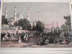 SANAT KARTPOSTALI-İSTANBUL SULTANAHMET CAMİİ VE DİKİLİTAŞLAR RESMİ,KAPAKLI,İÇ KISMINA YAZILMAMIŞ,RENKLİ, 12 X 17 CM EBADINDA