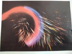 KIRMIZI VE MAVİ HALKALARDAN ÇIKAN KIVILCIMLAR KARTPOSTALI,KAPAKLI,İÇ KISMINA YAZILMIŞ,RENKLİ, 12 X 17 CM EBADINDA