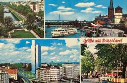 ŞEHİR KARTPOSTALI-ALMANYA/DÜSSELDORF MİMARİ YAPILAR NEHİR VE FERİBOT GÜNDÜZ GÖRÜNTÜSÜ,PULLU,ARKASINA YAZILMIŞ,RENKLİ, 11 X 15 CM EBADINDA - 1950'LER, 1960'LAR, 1970'LER, 1980'LER