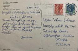 ŞEHİR KARTPOSTALI-İTALYA/VENEDİK YUKARIDAN ŞEHRİN VE DENİZİN GÜNDÜZ GÖRÜNTÜSÜ,PULLU,ARKASINA YAZILMIŞ,RENKLİ, 11 X 15 CM EBADINDA - 1950'LER, 1960'LAR, 1970'LER, 1980'LER