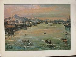 SANAT KARTPOSTALI-İBRAHİM SAFİ TARAFINDAN ÇİZİLMİŞ MANZARA HALİÇ RESMİ,İÇ KISMINA YAZILMAMIŞ,KAPAKLI,RENKLİ, 13 X 17 CM EBADINDA