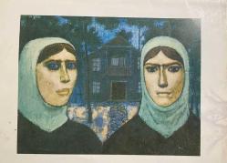 SANAT KARTPOSTALI-NURİ İYEM TARAFINDAN ÇİZİLMİŞ EVLERİ ÖNÜNDE DURAN ŞİLELİ İKİ KADIN RESMİ,İÇ KISMINA YAZILMAMIŞ,KAPAKLI,RENKLİ, 13 X 17 CM EBADINDA