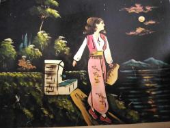 SANAT KARTPOSTALI-GÖL KENARINDA SU DOLDURAN KÖYLÜ KIZI RESMİ,İÇ KISMINA YAZILMAMIŞ,RENKLİ,KAPAKLI, 15 X 21 CM EBADINDA