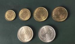1990 CUMHURİYET MADENİ PARALARI 50 LİRA ,100 LİRA ,500 LİRA (SIK-SEYREK SAÇ ),1000 LİRA ( BEYAZ-SARI ) ÇİLLL
