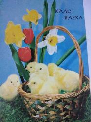 RENGARENK ÇİÇEKLER ARASINDA SEPETİN İÇİNDEKİ MİNİK SARI CİVCİVLER KARTPOSTALI,ARKASINA YAZILMAMIŞ,RENKLİ, 9 X 14 CM EBADINDA